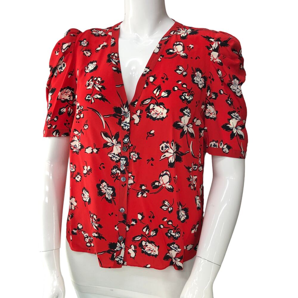 Veronica Beard Womens Size 14 Garland Blouse Puff Sleeve Button Floral Red Multi